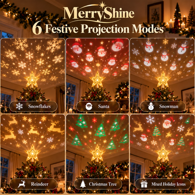 MerryShine's 6 projection modes: snowflakes, Santa, snowman, reindeer, Christmas tree and mixed icons