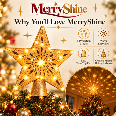 MerryShine features: 6 projection modes, warm LED glow, easy tree-top fit